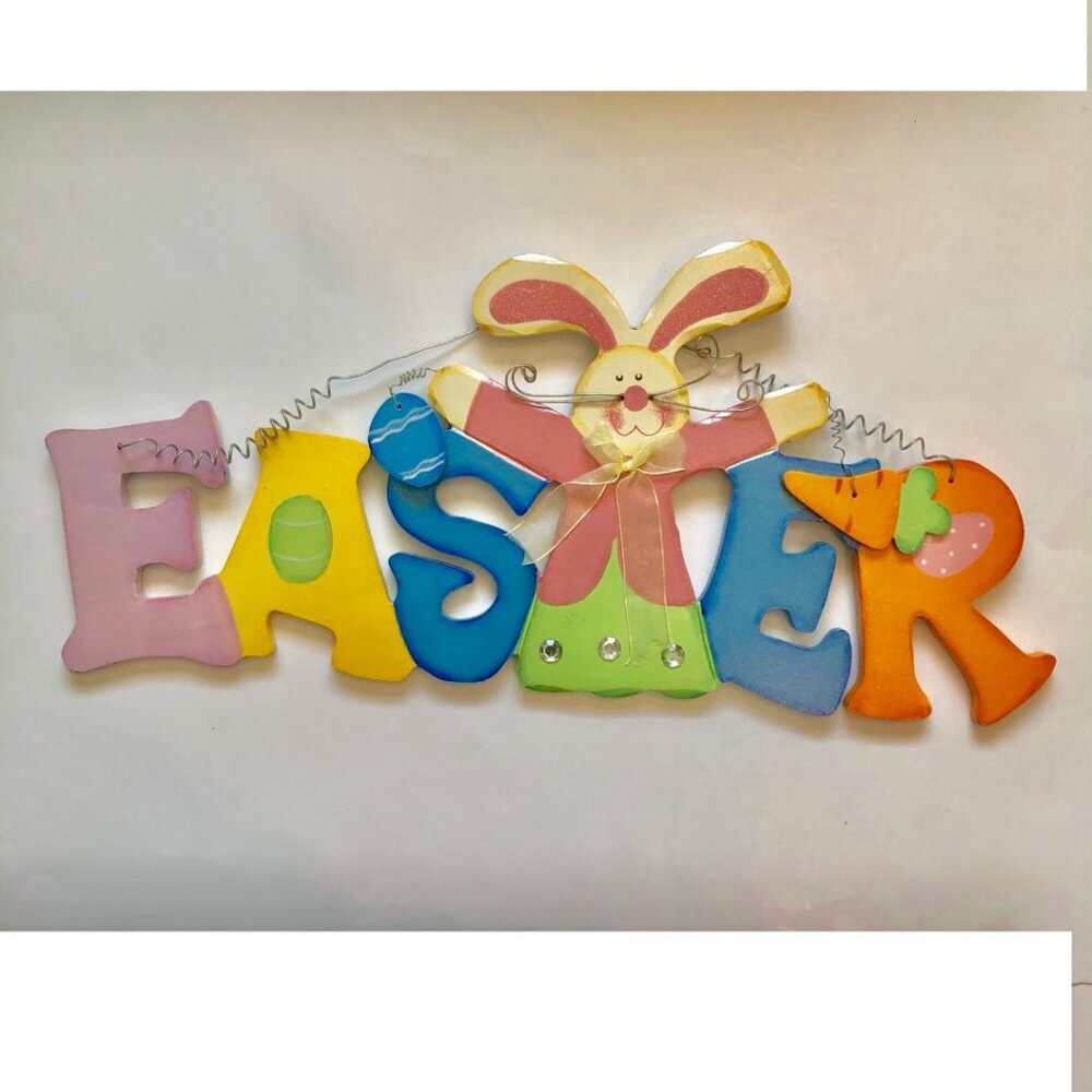Rustic, Colorful, Painted Wood, Easter hanging sign, with bunny, multi-color